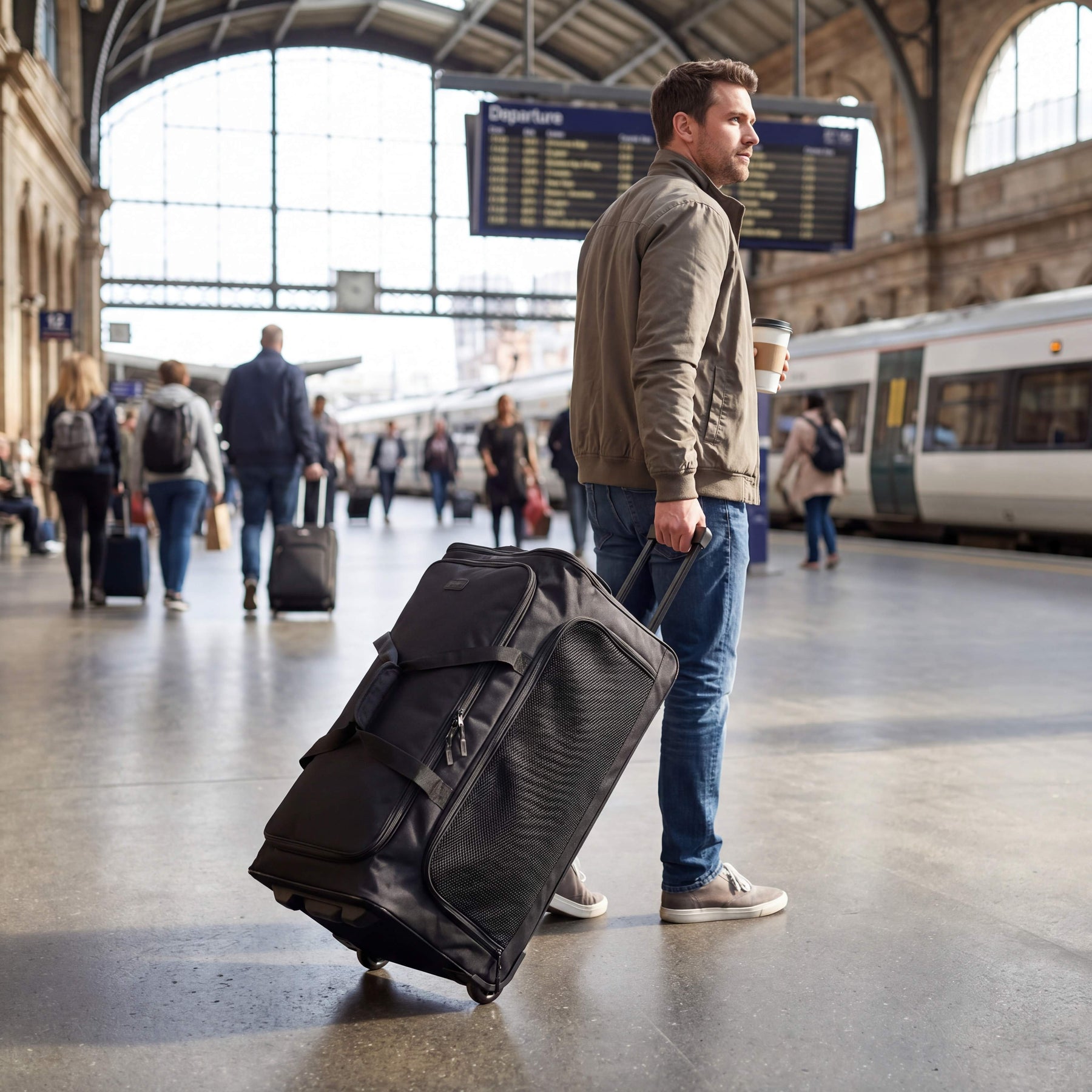 Man with a suitcase at a train station