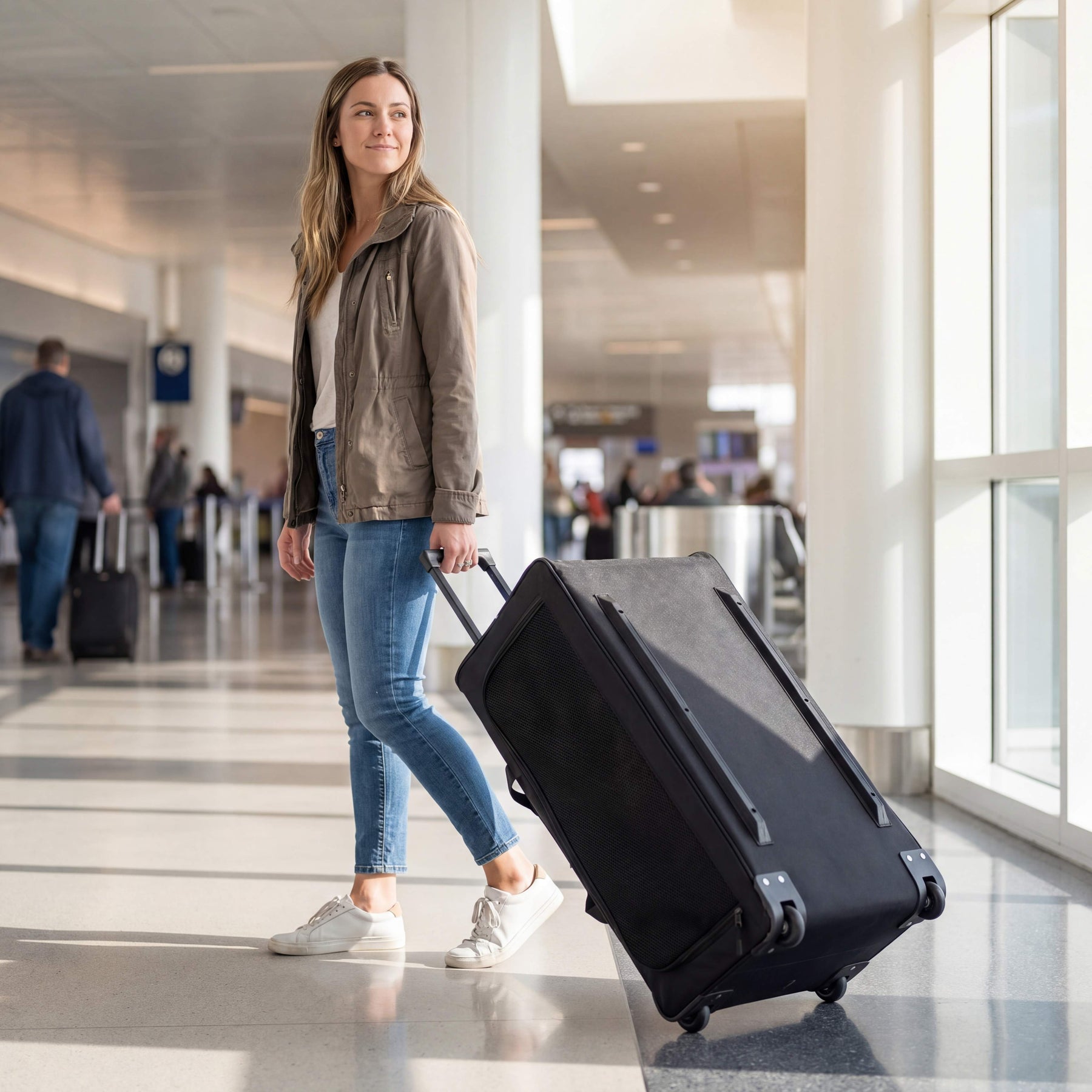 Woman pulling a suitcase through an airport terminal