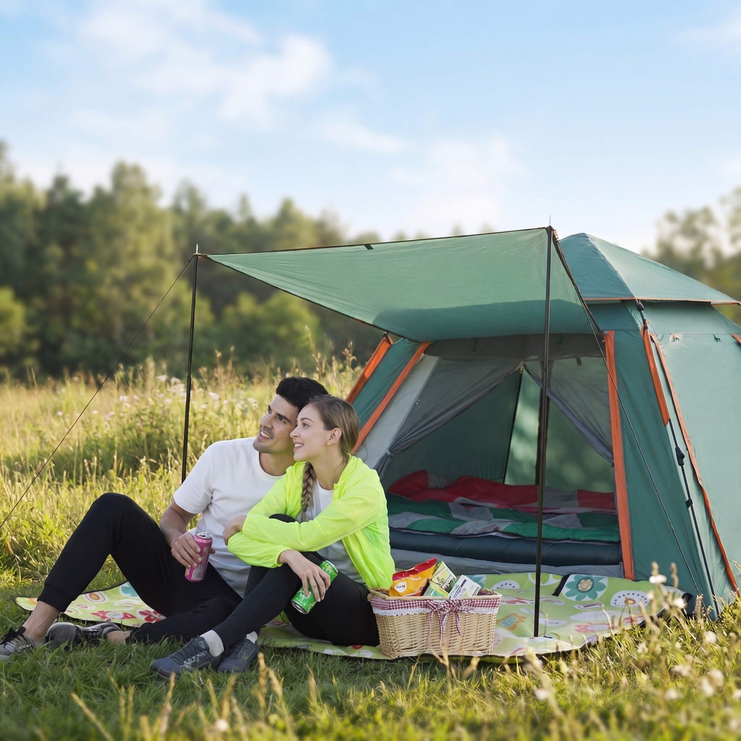 Two people sitting in front of a green tent in a grassy field with a picnic basket.