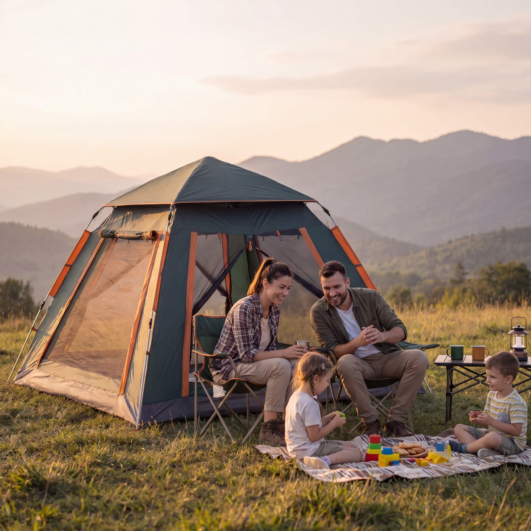 Family camping in a scenic outdoor setting with mountains in the background