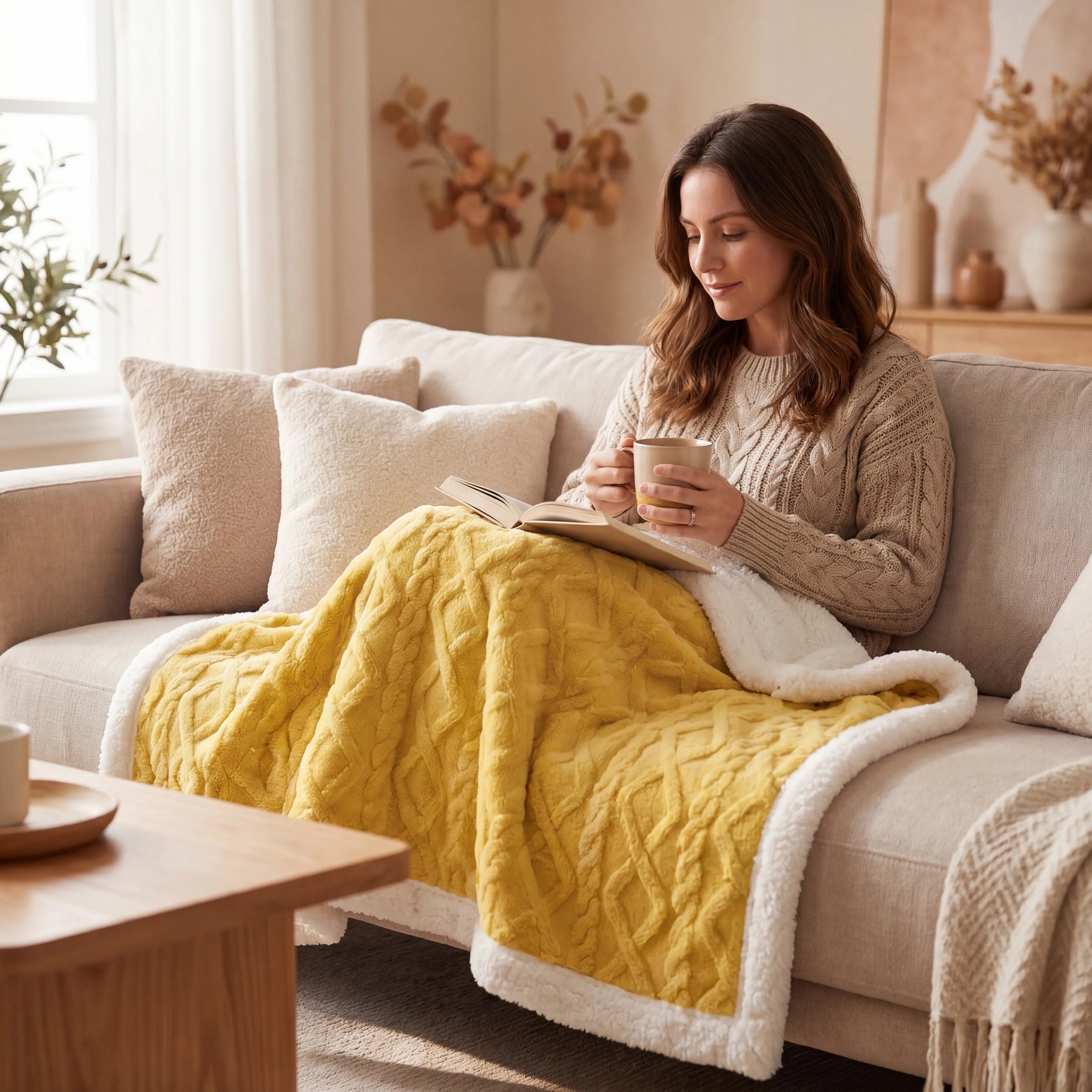 Woman relaxing on couch wrapped in a soft yellow fleece blanket throw reading a book in a cosy Australian home