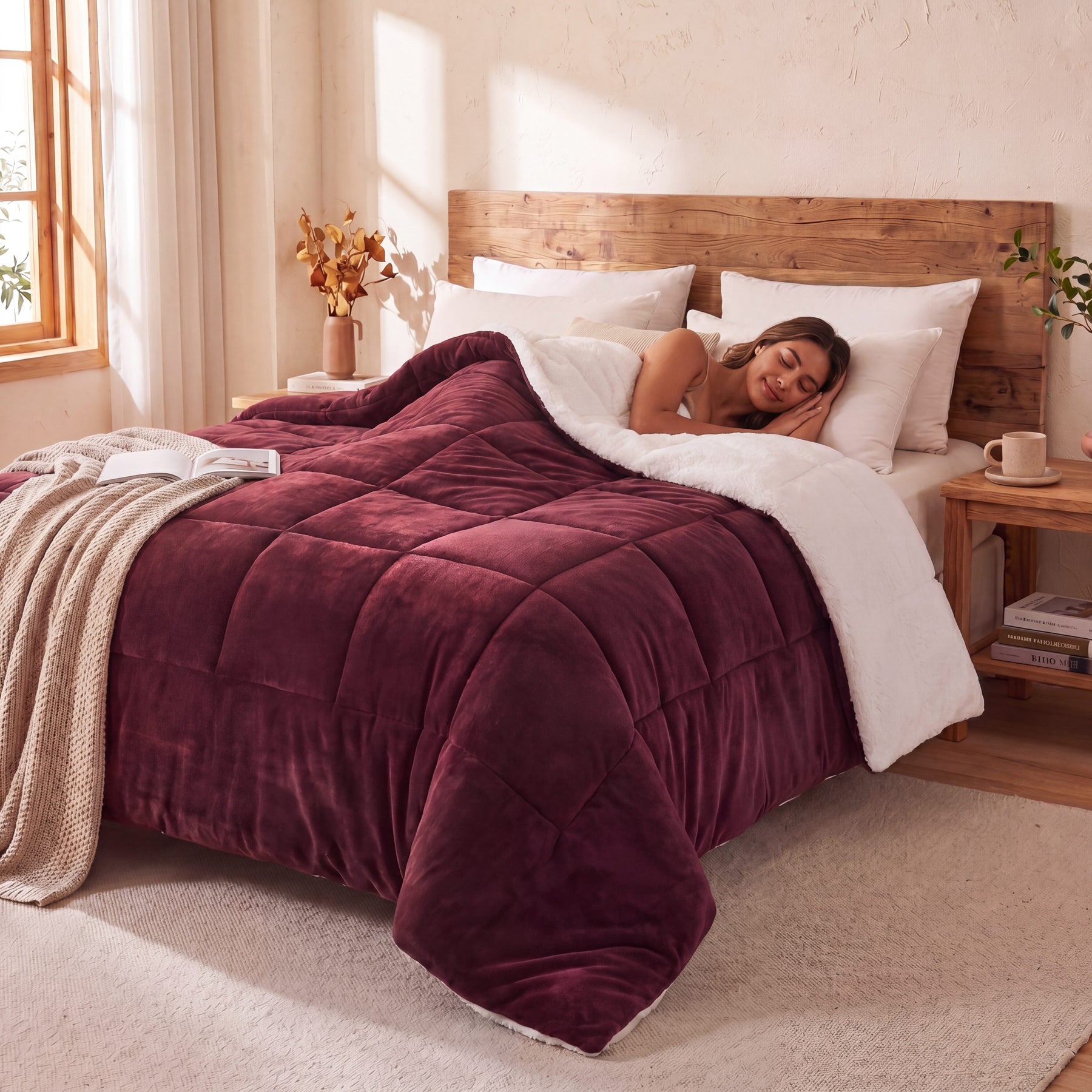Woman lying in bed under a teddy bear sherpa doona burgundy comforter in a cozy bedroom.