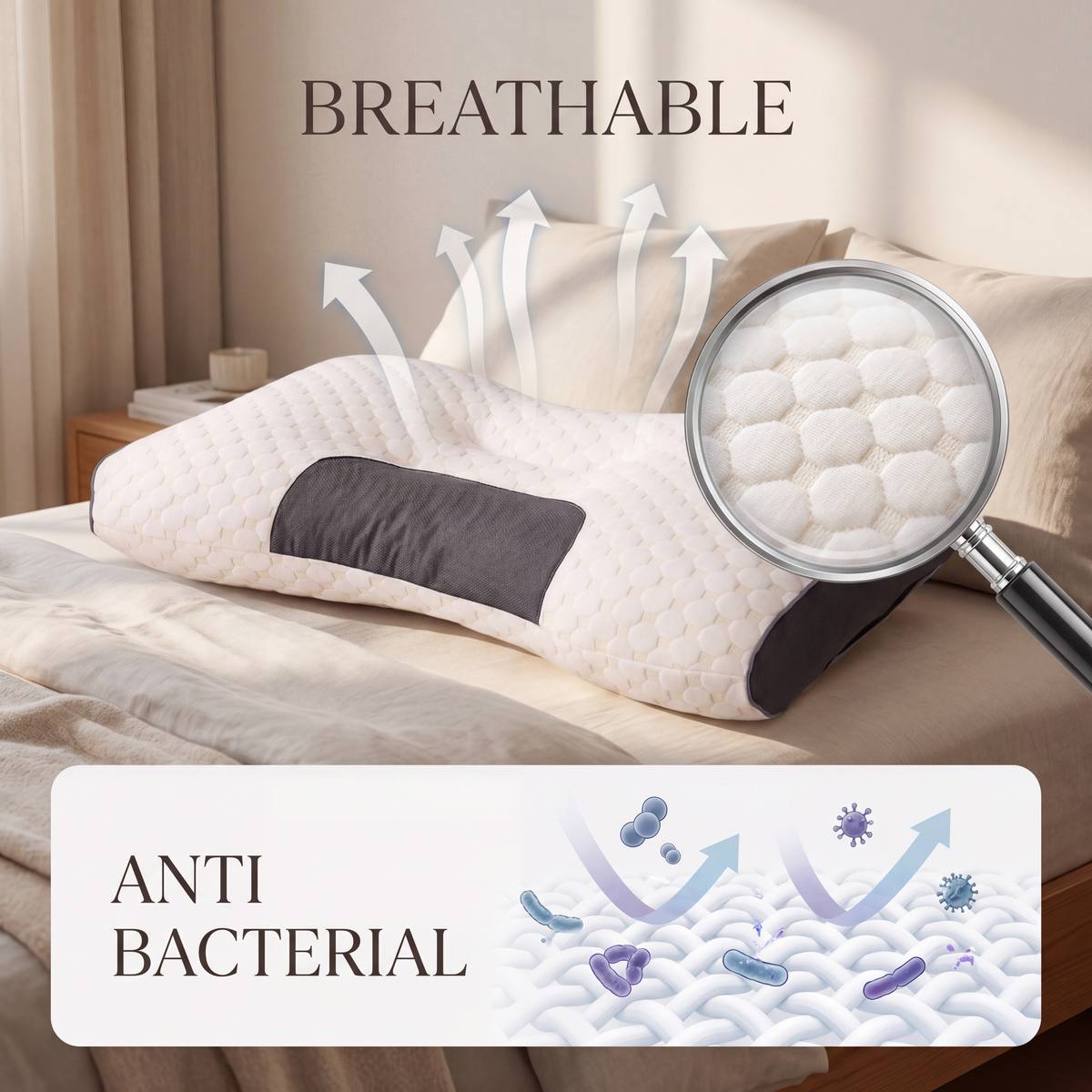 Longbody pillow with magnifying glass showing texture and text 'Breathable' and 'Anti-Bacterial' on a bed.