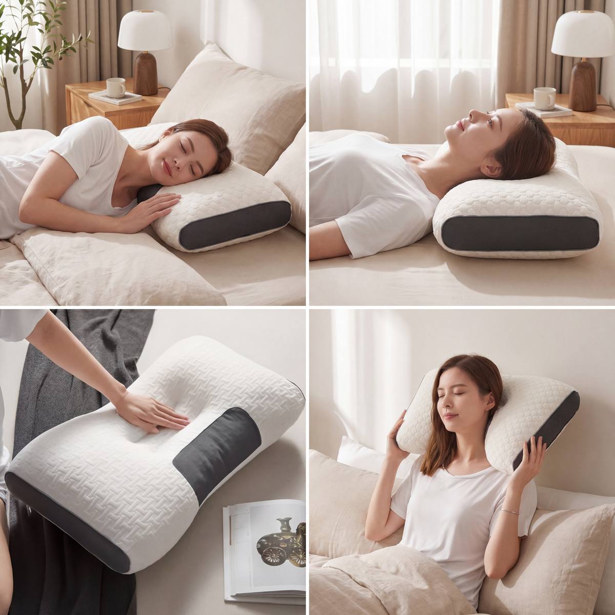 Woman using a white pillow with black accents in various settings
