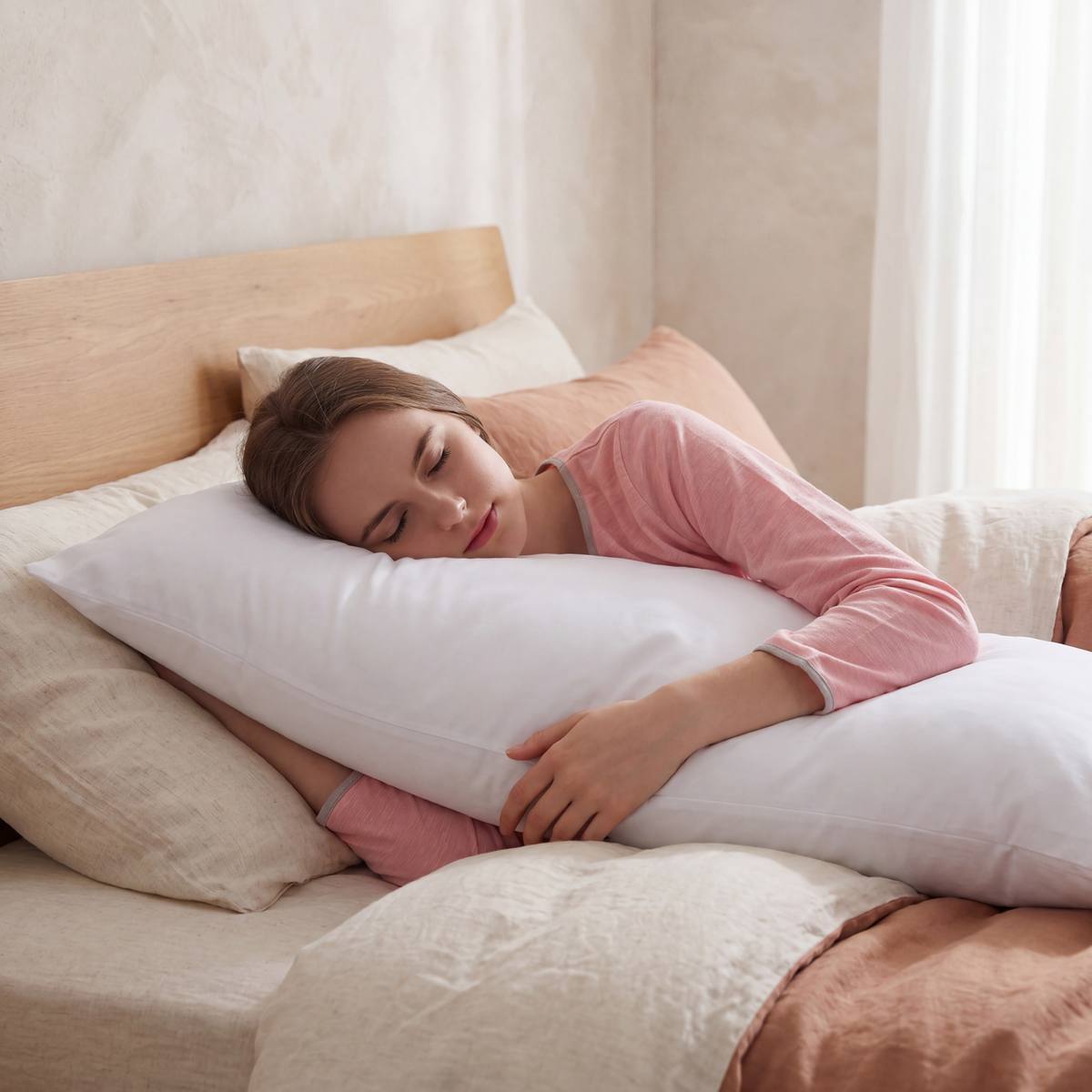 Woman sleeping on a bed with a white pillow and pink pajamas.