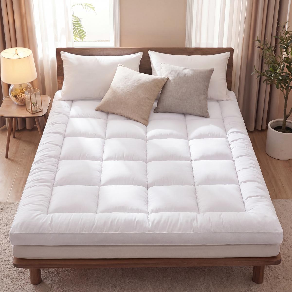 White mattress topper on a wooden bed in a bedroom setting with pillows and decor.