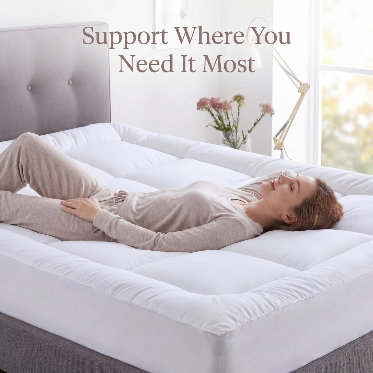 Woman lying on a mattress with text 'Support Where You Need It Most' in a bright bedroom.