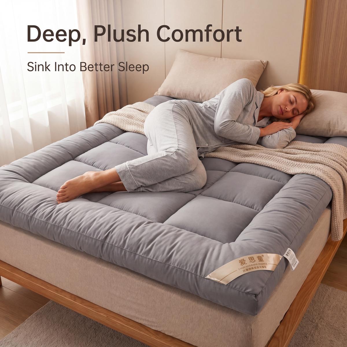 Woman lying on a plush mattress with text 'Deep, Plush Comfort' and 'Sink Into Better Sleep'.