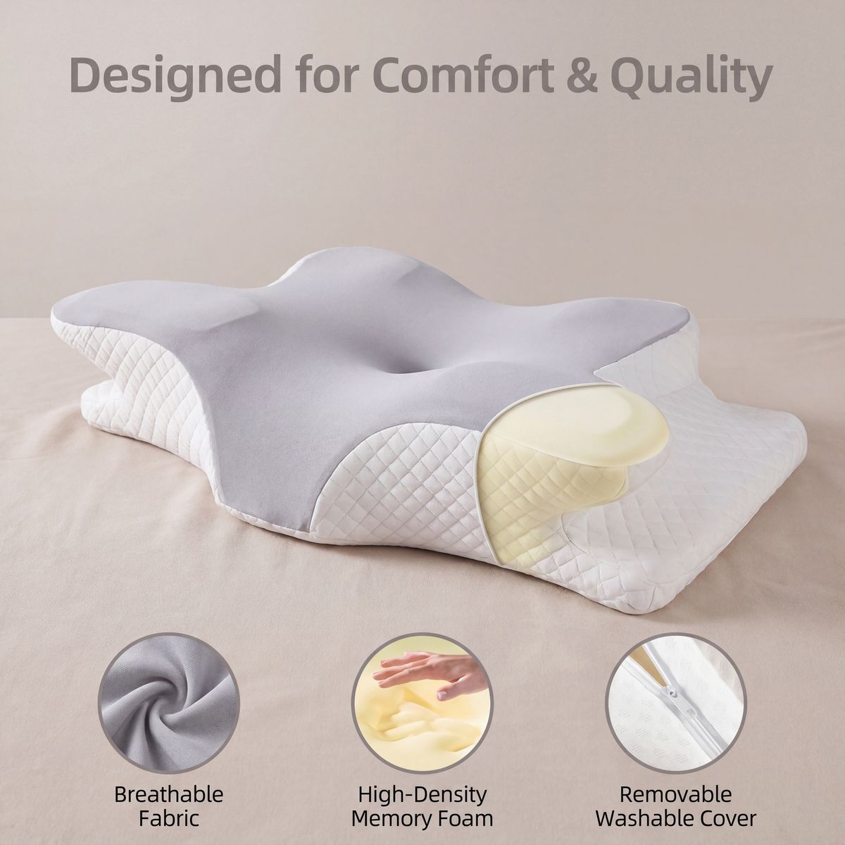 Cervical pillow with text 'Designed for Comfort & Quality' on a beige background