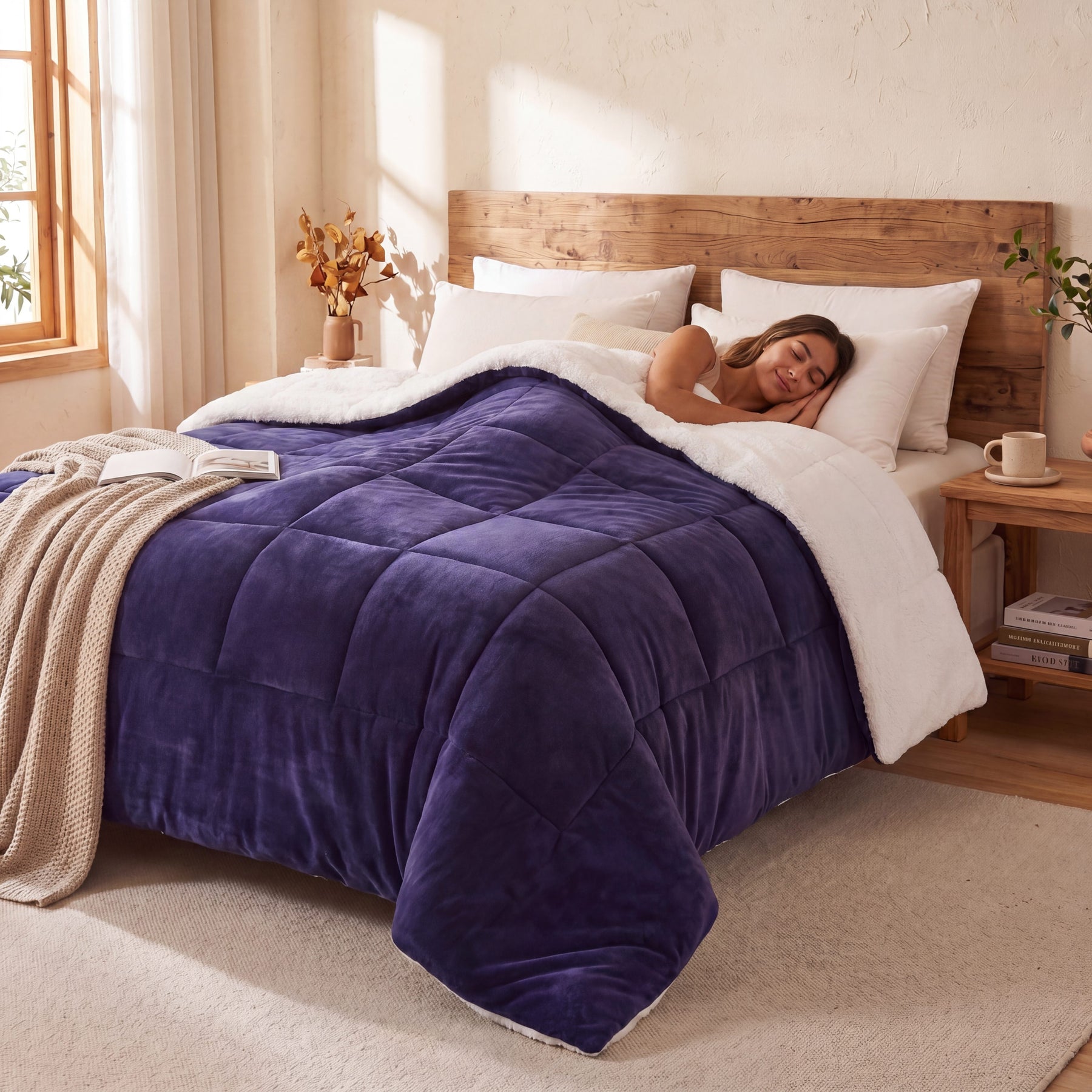 Woman lying on a bed with a purple teddy bear sherpa doona in a bright bedroom.