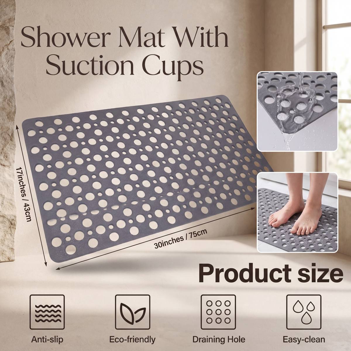 Shower mat with suction cups and product details on a beige background