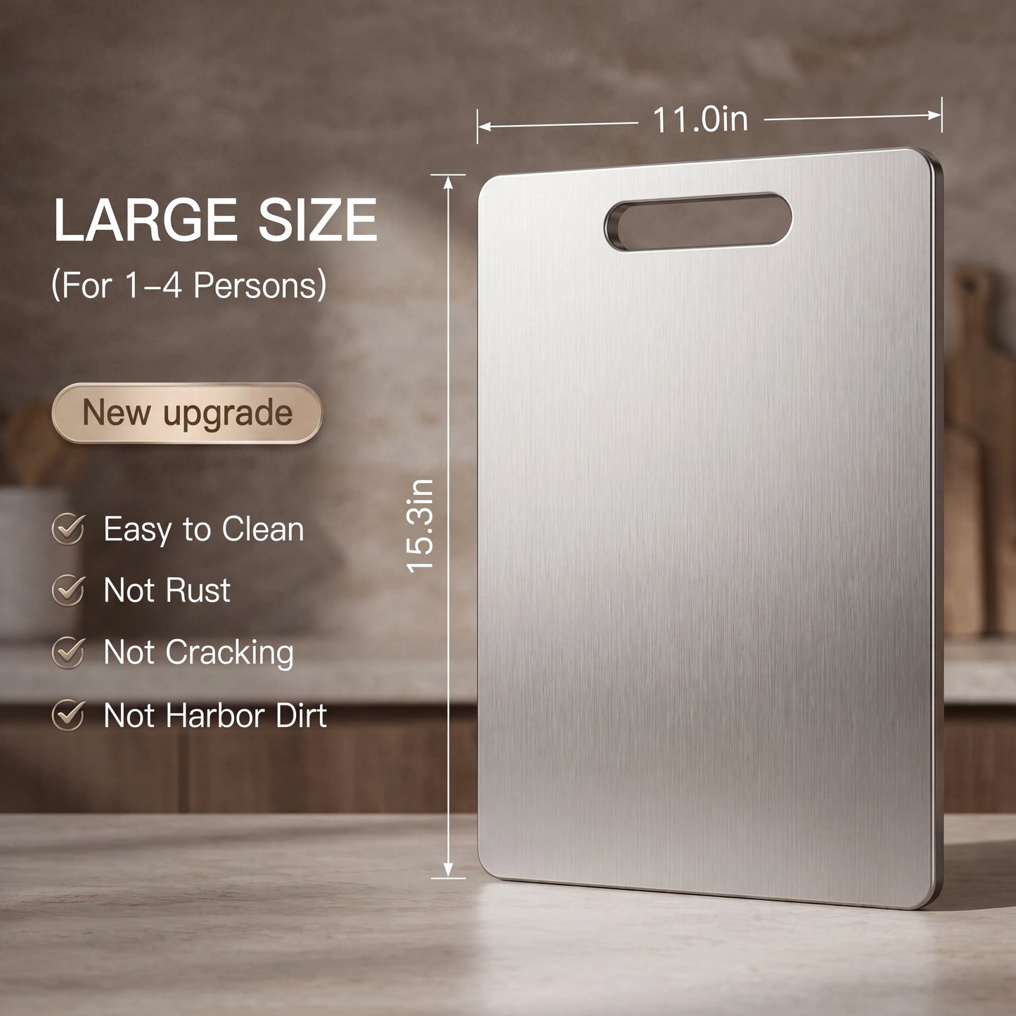 Large stainless steel cutting board with dimensions and features on a blurred kitchen background