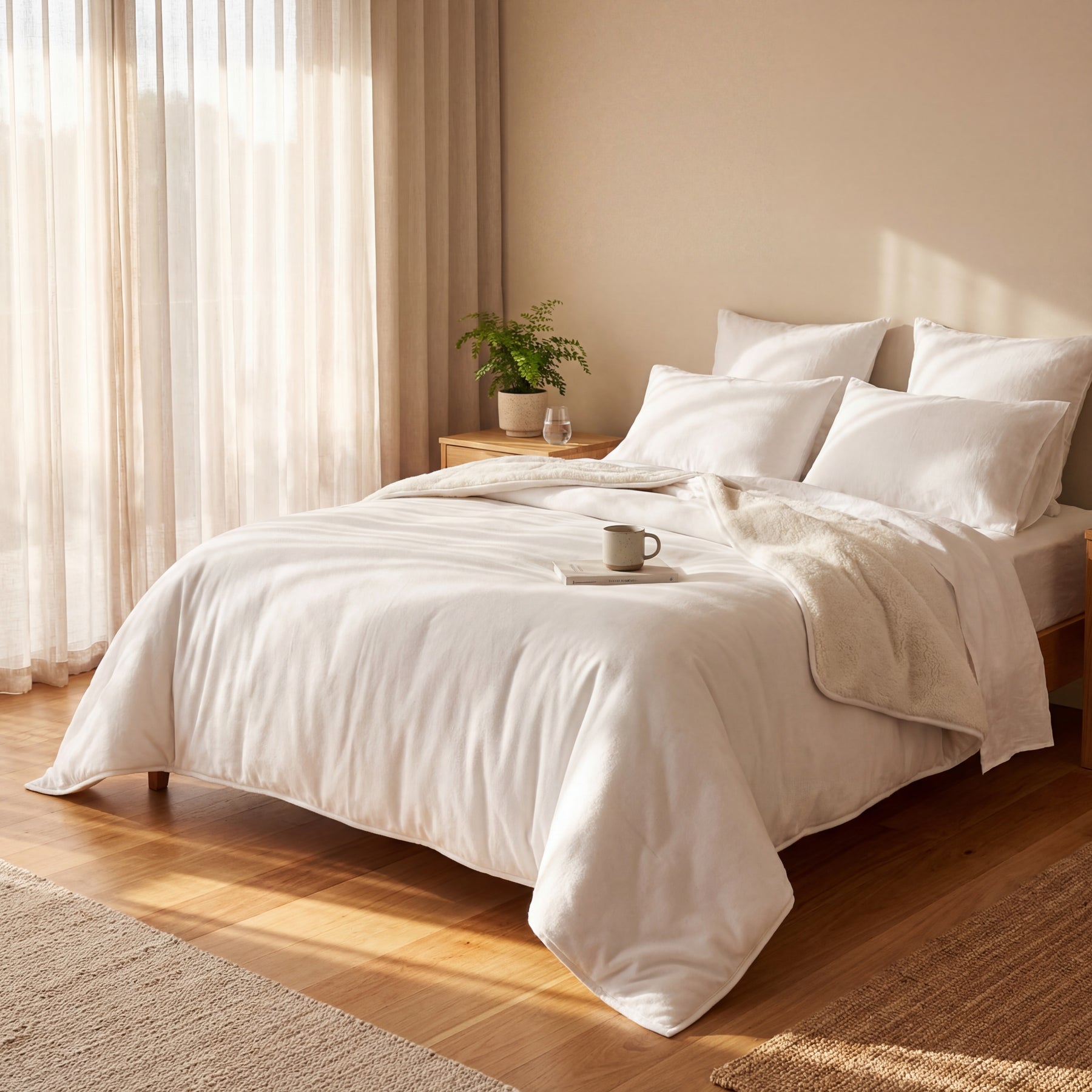Neatly made bed with white bedding doona in a bright bedroom