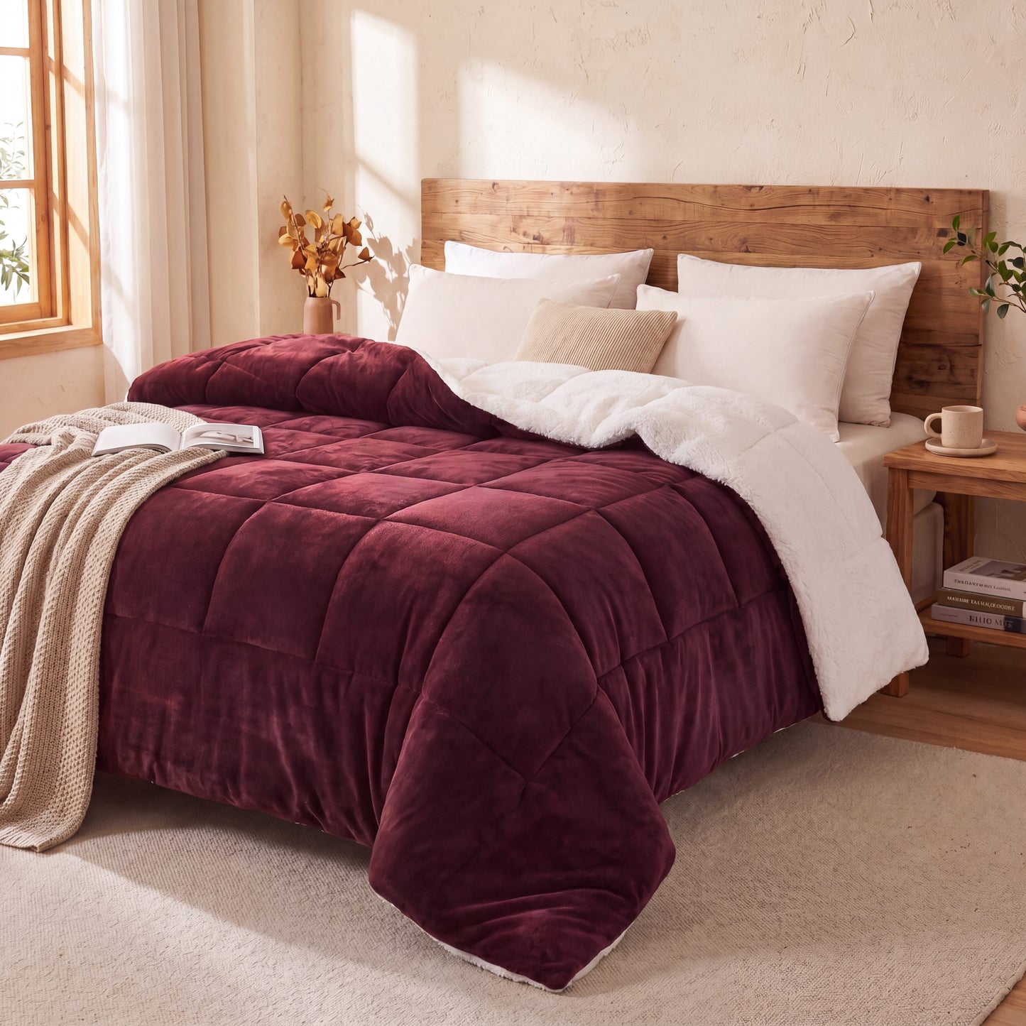 Bedroom with a bed featuring a teddy sherpa ultra warm burgundy doona and and white pillows.