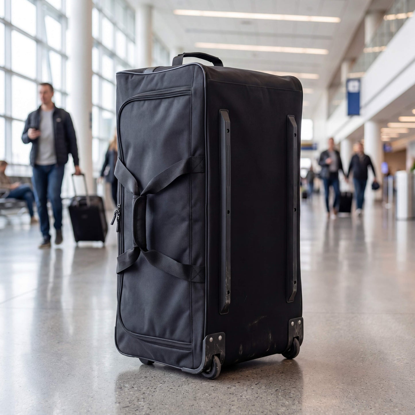 Black suitcase in an airport terminal with people in the background