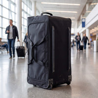 Black suitcase in an airport terminal with people in the background