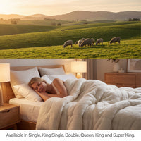 Top half shows sheep grazing in a field with rolling hills, bottom half shows a woman sleeping in bed with a blanket.