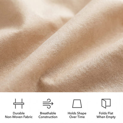 Close-up of beige fabric with durability, breathability, shape retention, and flatness features.