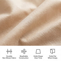 Close-up of beige fabric with durability, breathability, shape retention, and flatness features.
