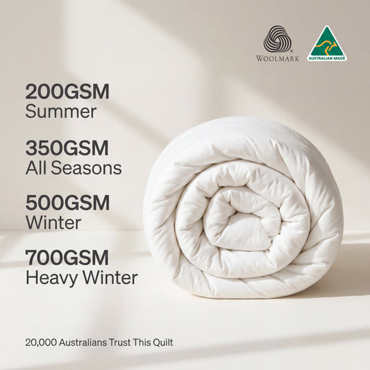 Roll of quilt with GSM weight information and Woolmark logo on a light background