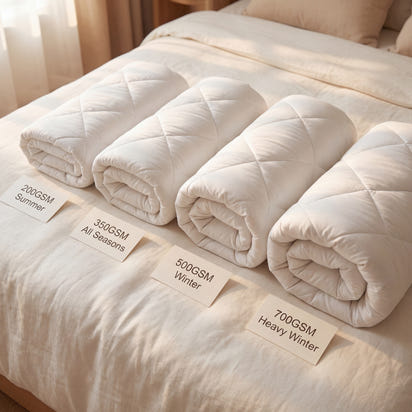 Rolls of quilted bedding with labels indicating weight and season on a bed.