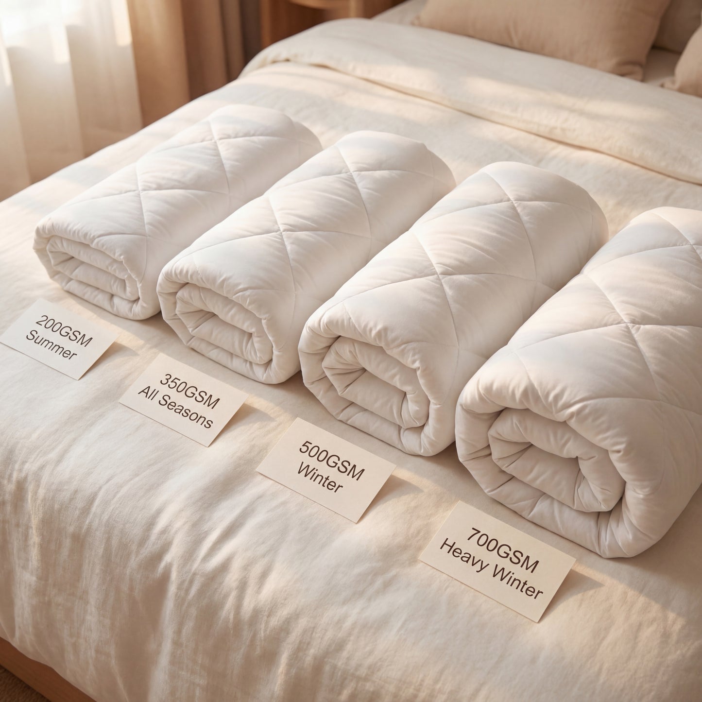 Rolls of quilted bedding with labels indicating weight and season on a bed.