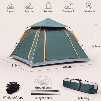 Green camping tent with dimensions and accessories on a light gray background