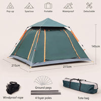 Green camping tent with dimensions and accessories on a light gray background