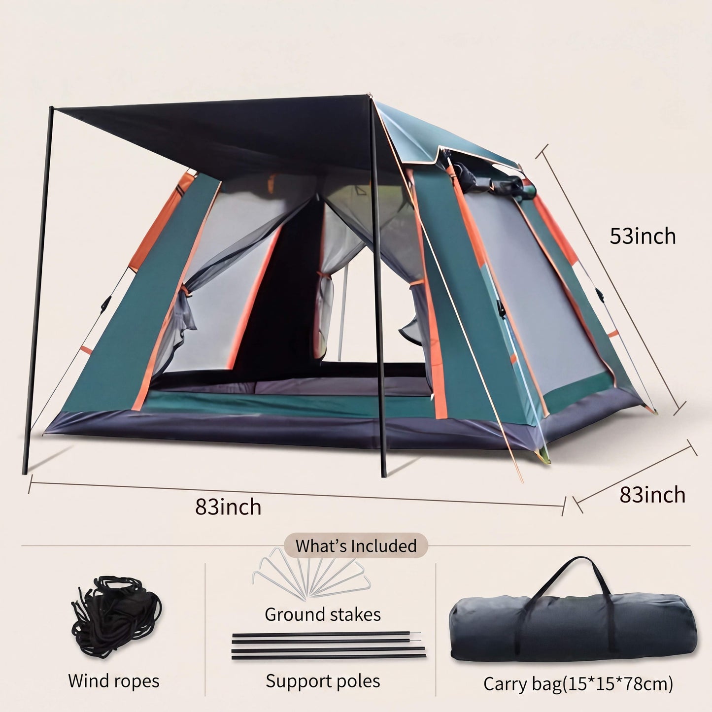 Camping tent with dimensions and included items on a beige background
