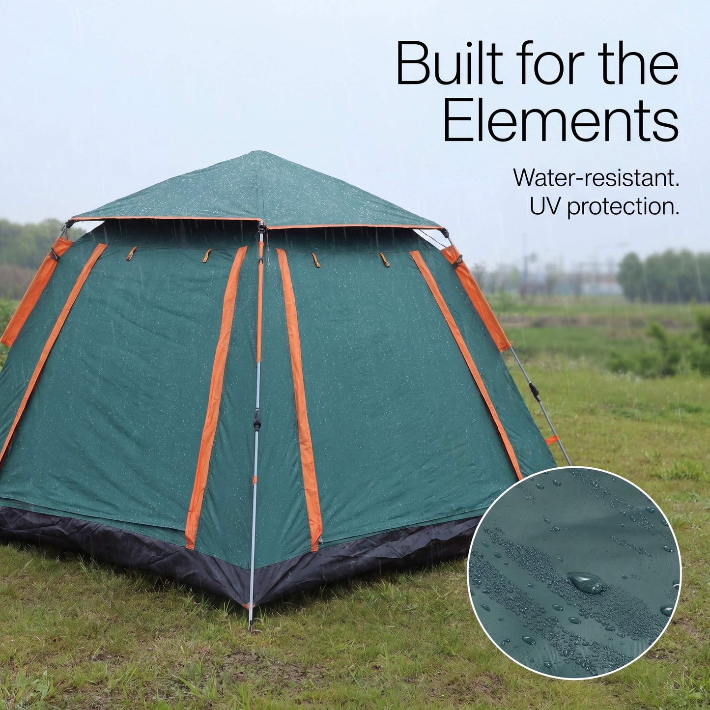 Green camping tent with orange accents in a grassy field, featuring water-resistant text.