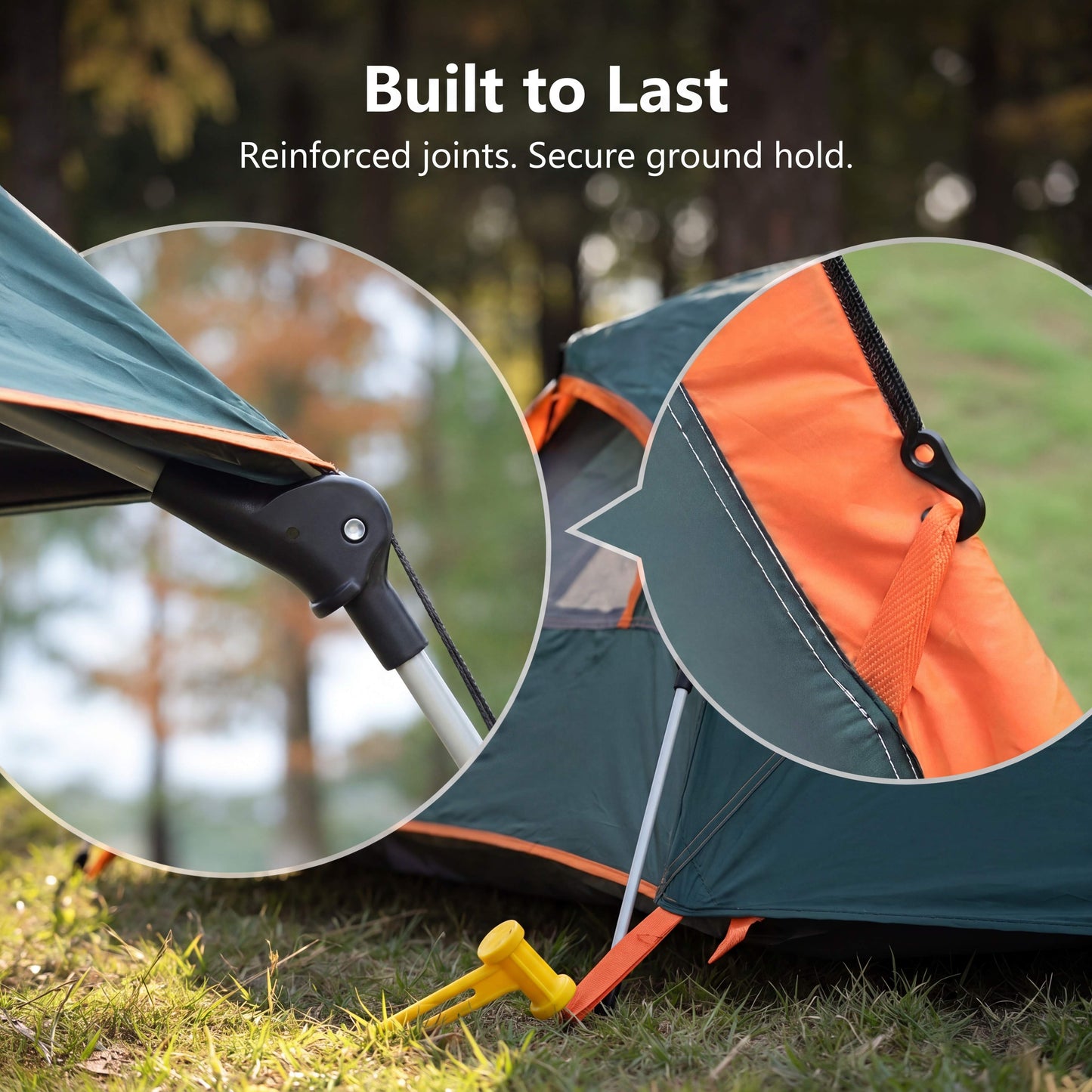 Camping tent with close-up details on reinforced joints and secure ground hold, outdoors.