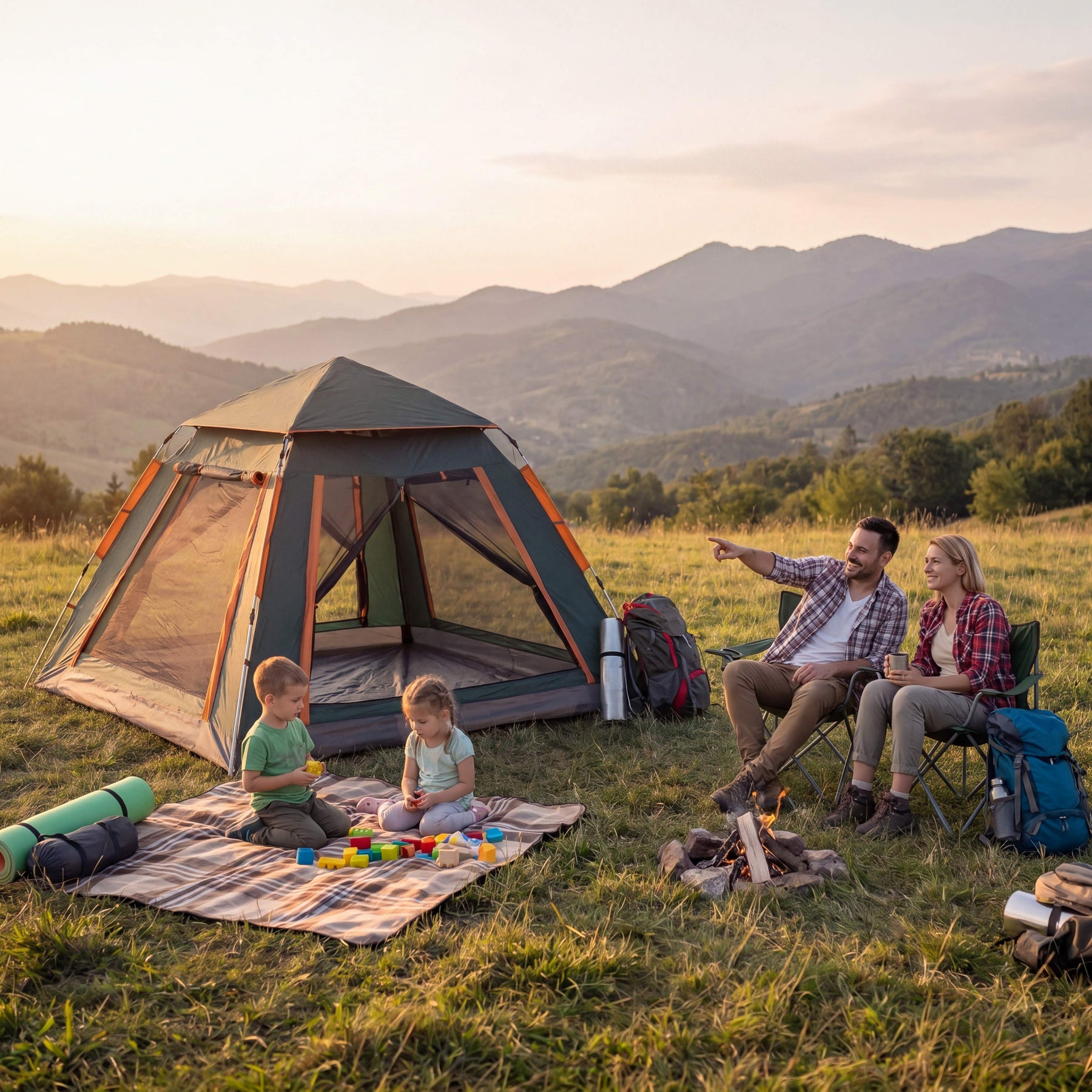 Family camping in a scenic outdoor setting with mountains in the background.