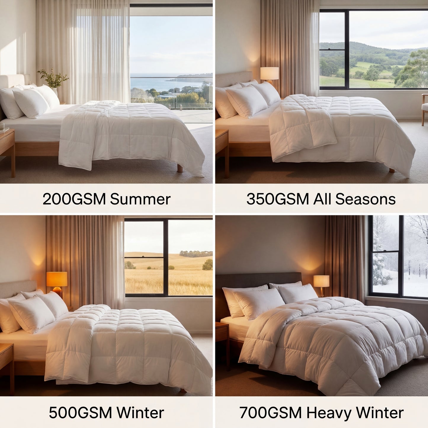 Comparison of different thicknesses of a comforter in various bedroom settings.