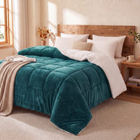 Bedroom with a bed featuring a teal teddy bear doona and wooden headboard.