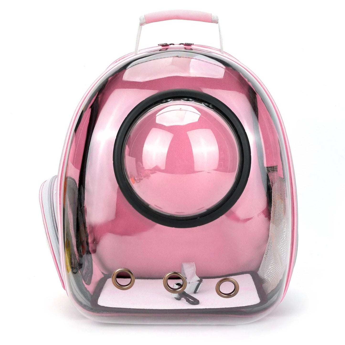 Pink pet carrier with transparent sides on a white background