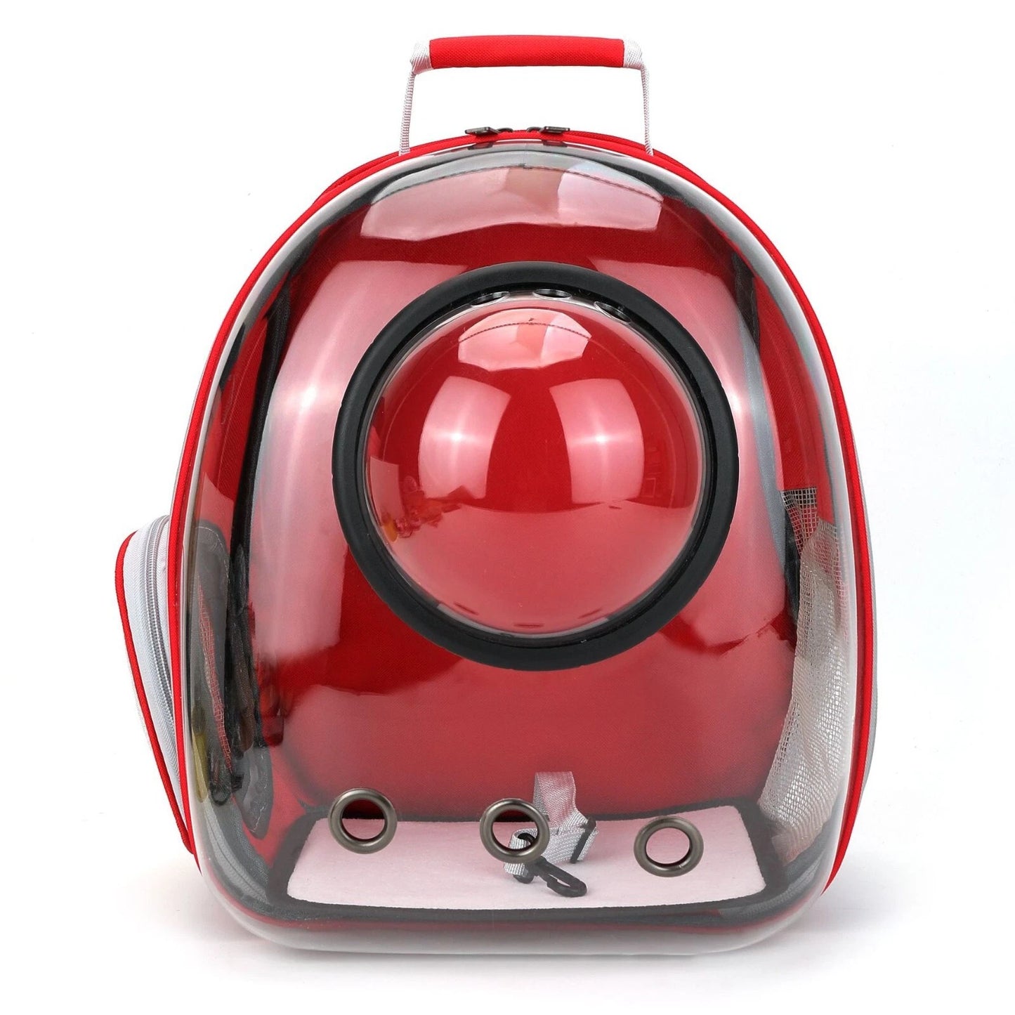 Red pet carrier with transparent front on a white background