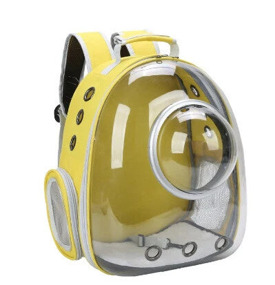 Yellow pet backpack with transparent bubble design on a white background