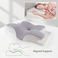 Gray ergonomic pillow with a person sleeping on it, highlighting 'Aligned Support'.