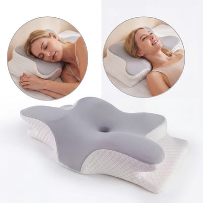 Ergonomic pillow with two circular insets showing a woman using it.