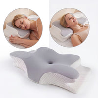 Ergonomic pillow with two circular insets showing a woman using it.