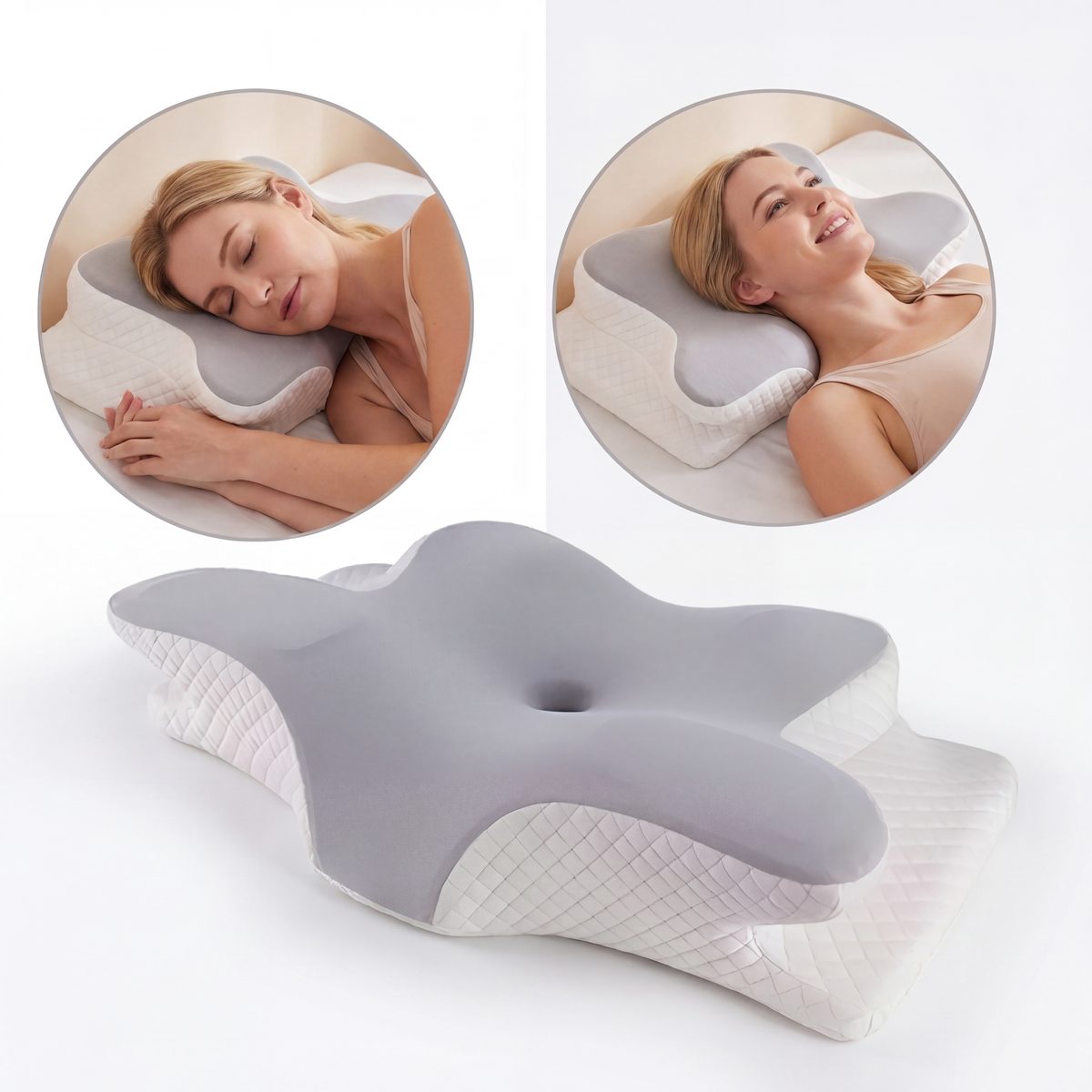 Ergonomic pillow with two circular insets showing a woman using it.