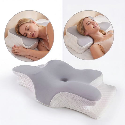 Ergonomic pillow with two circular insets showing a woman using it.