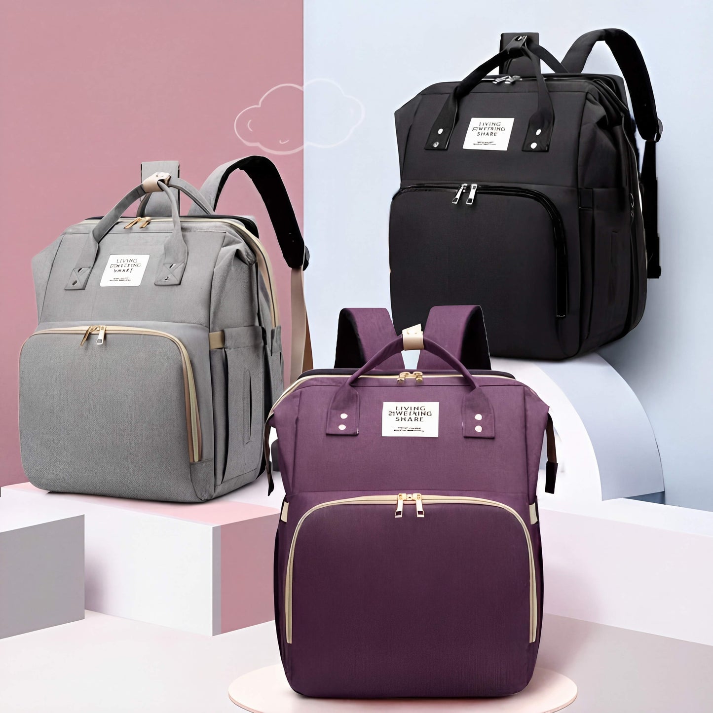 Three backpacks in gray, black, and purple on a colorful background