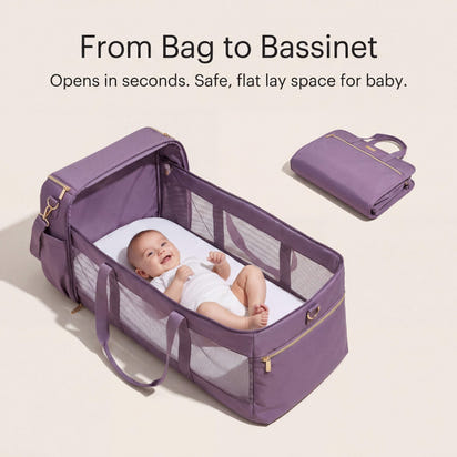 Purple baby bassinet with a baby inside, showing the product's functionality and safety.