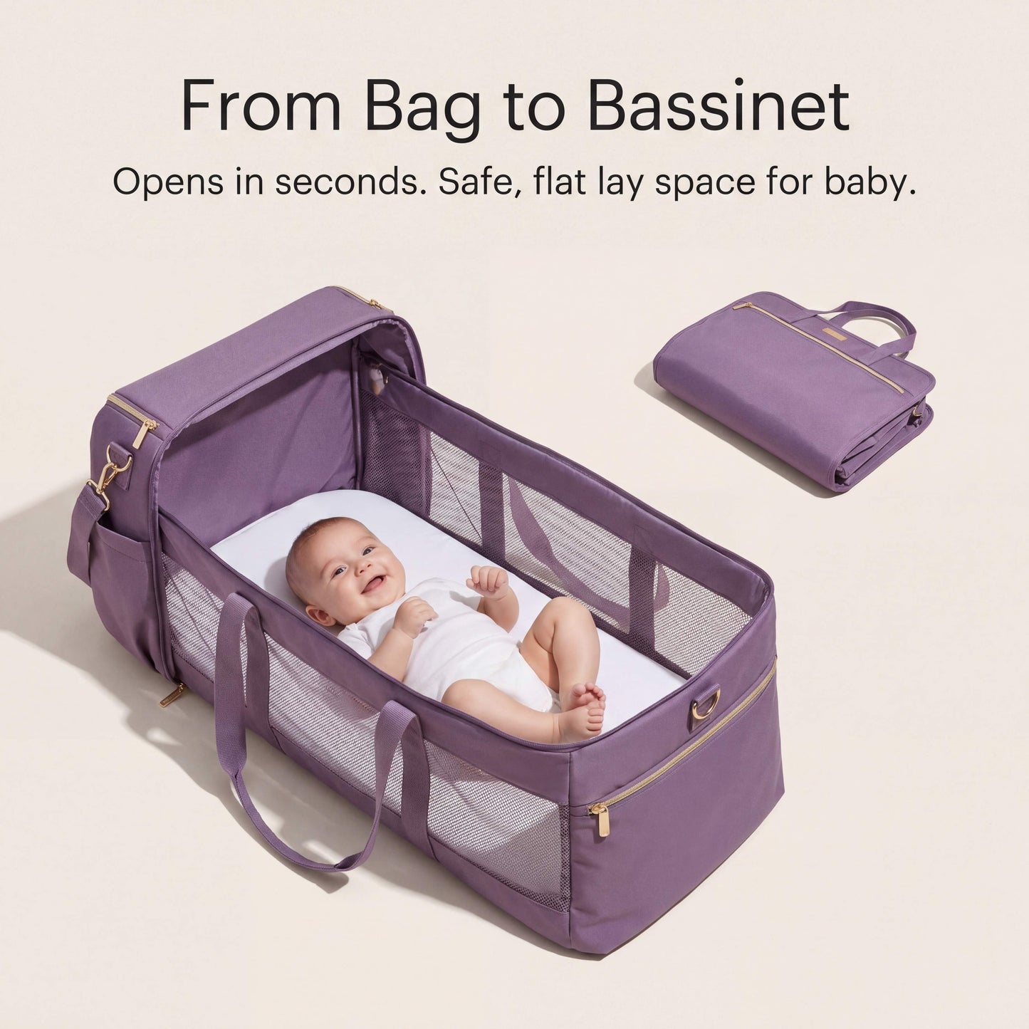 Purple baby bassinet with a baby inside, showing the product's functionality and safety.