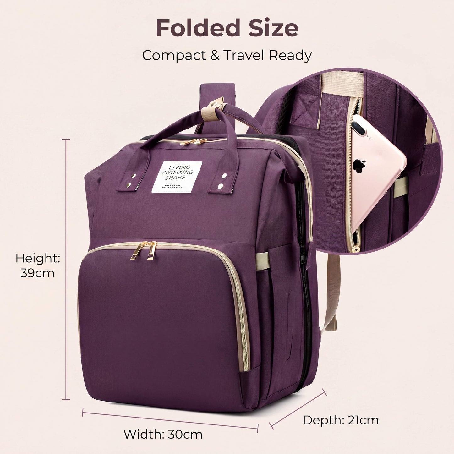 Purple backpack with dimensions and an open pocket showing a phone.