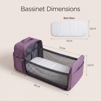 Purple bassinet with dimensions displayed on a beige background