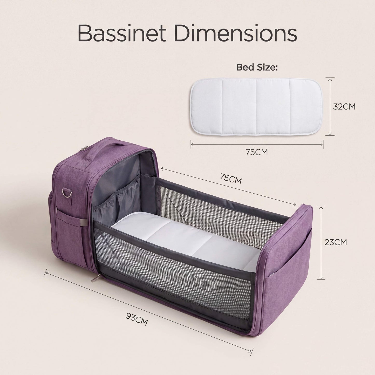 Purple bassinet with dimensions displayed on a beige background