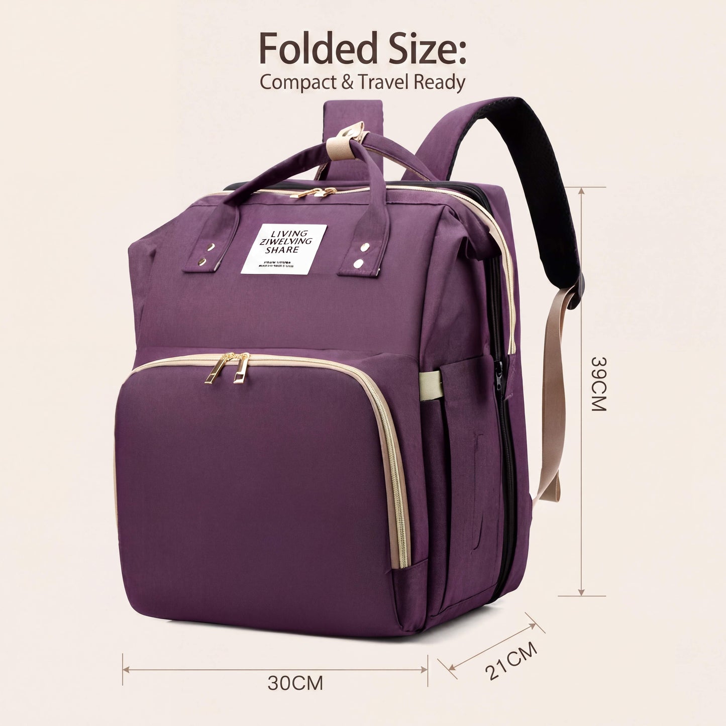 Purple backpack with dimensions on a beige background