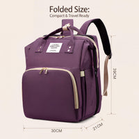 Purple backpack with dimensions on a beige background